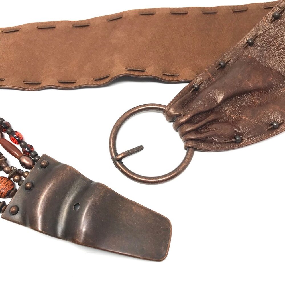Suzi Roher Artisan Leather Belt With Beaded Accent & Vintage Copper Buckle Med P